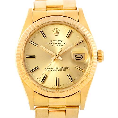 The image shows a front view of a Rolex President 15037 Men's Yellow Gold Champagne Dial 15037 Men's Yellow Gold Champagne Dial model watch, highlighting the dial, bezel, and part of the bracelet.