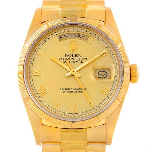 The Rolex President 18078 Men's Yellow Gold Champagne Dial 18078 Men's Yellow Gold Champagne Dial model watch shown from the front displays the dial, hands, and bracelet.