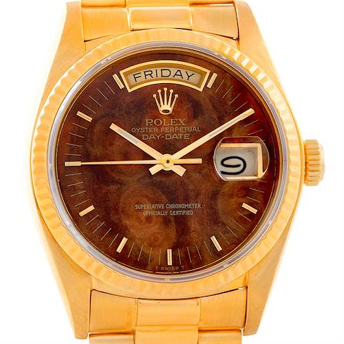 The Rolex President 18038 Men's Yellow Gold Brown Dial 18038 Men's Yellow Gold Brown Dial model watch is shown from the front, displaying its full face, bezel, and part of the bracelet.