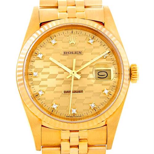 The image shows a close-up, frontal view of a Rolex President 16018 Men's Yellow Gold Champagne Dial 16018 Men's Yellow Gold Champagne Dial model watch, highlighting its dial, hands, and bracelet.