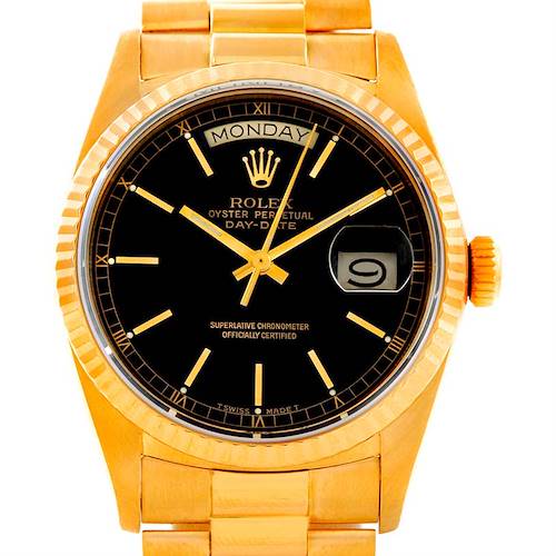 This image shows the dial, bezel, and partial bracelet of the Rolex President 18038 Men's Yellow Gold Black Dial 18038 Men's Yellow Gold Black Dial model from a top-view angle.