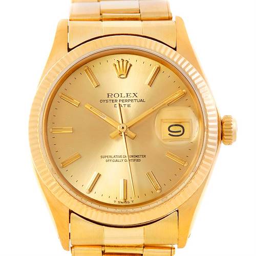 This image shows a Rolex President 1503 Men's Yellow Gold Champagne Dial 1503 Men's Yellow Gold Champagne Dial model watch from a front angle, highlighting the dial, hands, crown, and part of the bracelet.