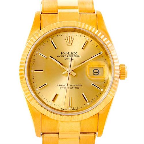 The image shows a front view of a Rolex President 15238 Men's Yellow Gold Champagne Dial 15238 Men's Yellow Gold Champagne Dial model watch, highlighting its dial, bezel, and bracelet.