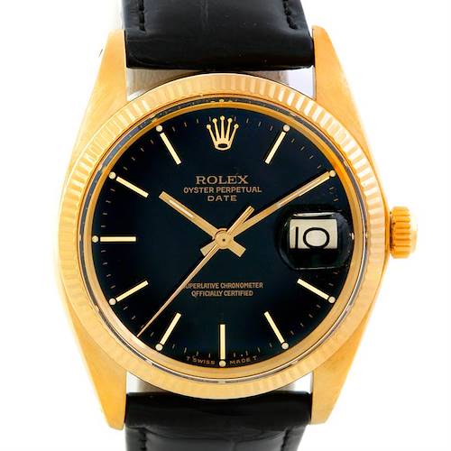 The image shows a frontal view of a Rolex President 1503 Men's Yellow Gold Black Dial 1503 Men's Yellow Gold Black Dial model featuring its dial, hands, bezel, and date display.