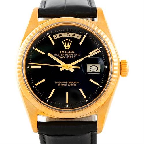 The image shows a frontal view of a Rolex President 1803 Men's Yellow Gold Black Dial 1803 Men's Yellow Gold Black Dial model watch, displaying the dial, bezel, crown, and part of the strap.