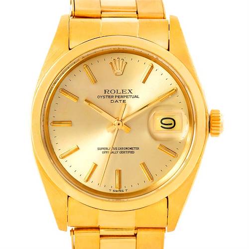 The image shows a front view of the Rolex President 1503 Men's Yellow Gold Champagne Dial 1503 Men's Yellow Gold Champagne Dial model watch, displaying the dial, date, hands, and part of the bracelet.