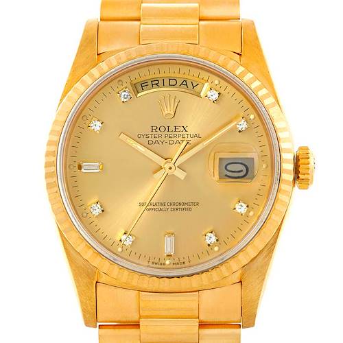 This image shows a front view of the Rolex President 18238 Men's Yellow Gold Champagne Dial 18238 Men's Yellow Gold Champagne Dial model watch, highlighting its gold dial, day-date display, and bracelet.