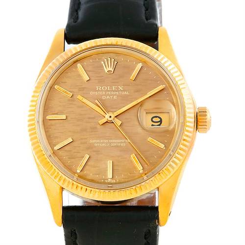 This Rolex President 1503 Men's Yellow Gold Champagne Dial 1503 Men's Yellow Gold Champagne Dial watch is shown from a front angle, displaying the dial, bezel, crown, and black leather strap.