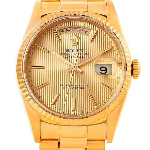 This image shows a close-up, front view of the dial and bracelet of a Rolex President 18238 Men's Yellow Gold Champagne Dial 18238 Men's Yellow Gold Champagne Dial model watch.