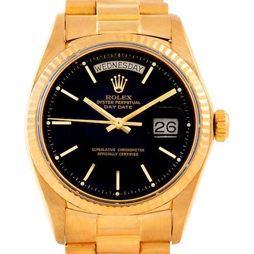 The image shows a frontal view of a Rolex President 1803 Men's Yellow Gold Black Dial 1803 Men's Yellow Gold Black Dial model watch, highlighting its gold case, black dial, and day-date display.