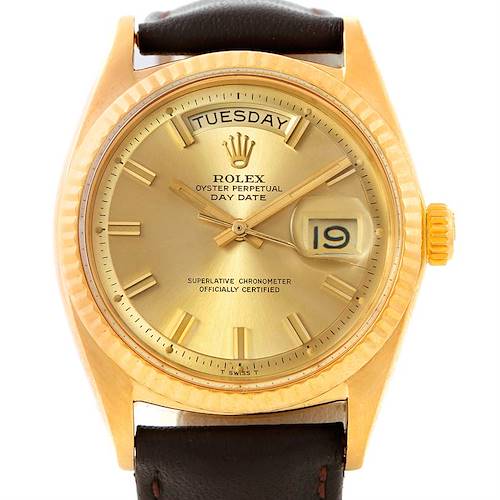 The Rolex President 1803 Men's Yellow Gold Champagne Dial 1803 Men's Yellow Gold Champagne Dial model watch is shown from the front, displaying its dial, day-date features, and gold bezel with a leather strap.