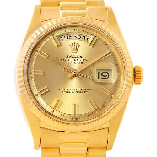 The image shows a front view of a Rolex President 1803 Men's Yellow Gold Champagne Dial 1803 Men's Yellow Gold Champagne Dial model featuring the day-date display and gold dial.