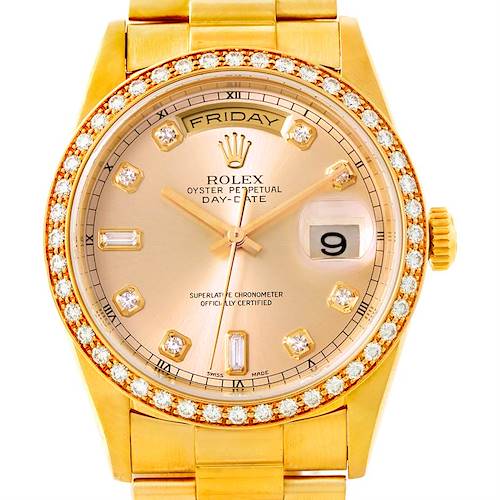 The image shows a frontal view of a Rolex President 18238 Men's Yellow Gold Champagne Dial 18238 Men's Yellow Gold Champagne Dial model watch, highlighting its diamond bezel, champagne dial, and day-date display.