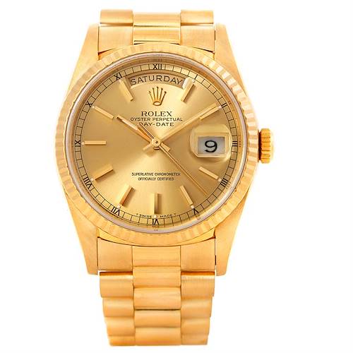 This image shows a frontal view of the Rolex President 18238 Men's Yellow Gold Champagne Dial 18238 Men's Yellow Gold Champagne Dial model watch, displaying the dial, hands, date window, and bracelet.