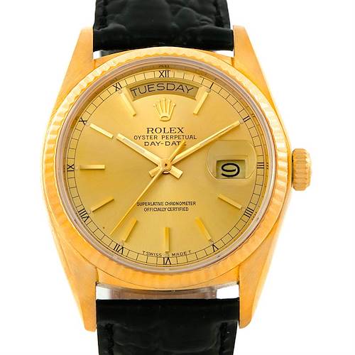 The image shows a front view of the Rolex President 18038 Men's Yellow Gold Champagne Dial 18038 Men's Yellow Gold Champagne Dial model watch, highlighting its gold case, dial, and black leather strap.