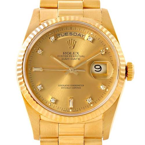 The image shows a frontal view of the Rolex President 18238 Men's Yellow Gold Champagne Dial 18238 Men's Yellow Gold Champagne Dial model, highlighting the dial, day-date display, and gold bracelet.