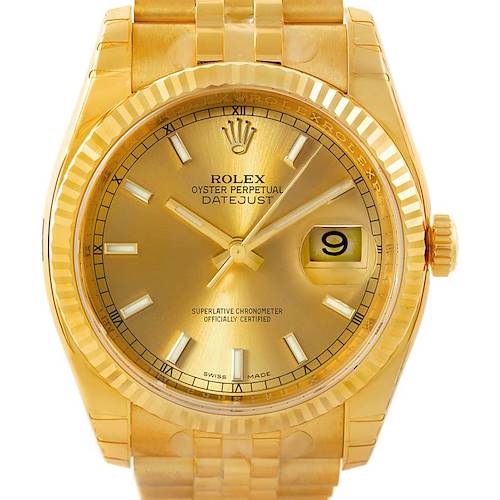This image shows a front view of the Rolex President 116238 Men's Yellow Gold Champagne Dial 116238 Men's Yellow Gold Champagne Dial model watch, highlighting the dial, bezel, date window, hands, and bracelet.