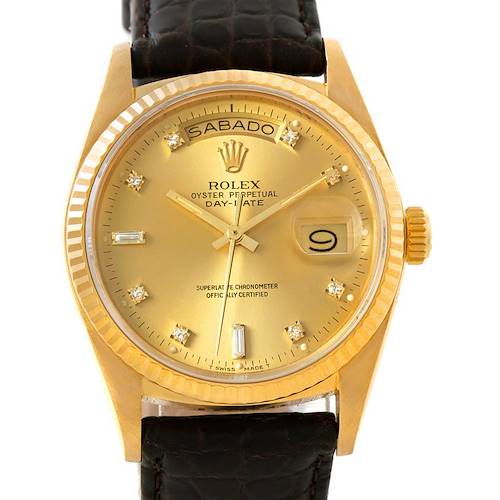 This image shows a front view of a Rolex President 18038 Men's Yellow Gold Champagne Dial 18038 Men's Yellow Gold Champagne Dial model watch, displaying the dial, day, and date.