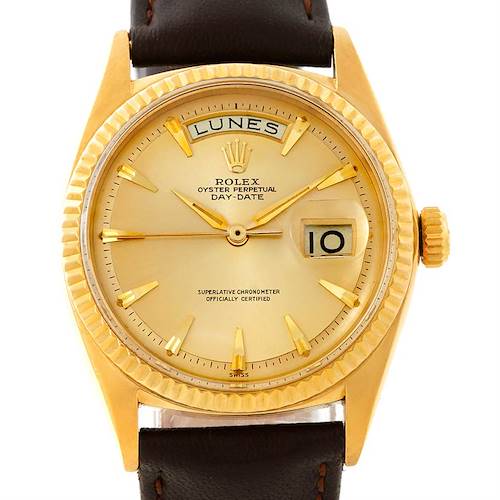 This image shows a frontal view of a Rolex President 1803 Men's Yellow Gold Champagne Dial 1803 Men's Yellow Gold Champagne Dial model watch, highlighting the dial, hands, day-date window, and bezel.