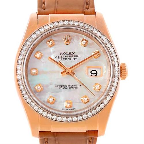 This image shows a frontal view of the Rolex President 116185 Men's Rose Gold Mother of Pearl Dial 116185 Men's Rose Gold Mother of Pearl Dial Datejust watch, highlighting its dial, bezel, and case.