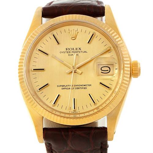 The image shows a front view of the Rolex President 1503 Men's Yellow Gold Champagne Dial 1503 Men's Yellow Gold Champagne Dial model watch, highlighting its gold face, date display, and leather strap.