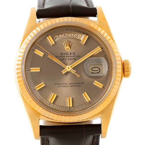 The image shows a Rolex President 1803 Men's Yellow Gold Brown Dial 1803 Men's Yellow Gold Brown Dial model watch from the front, featuring its dial, hands, day-date display, crown, and a partial view of the strap.