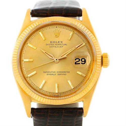 The image shows a frontal view of the Rolex President 1601 Men's Yellow Gold Champagne Dial 1601 Men's Yellow Gold Champagne Dial model watch, highlighting the dial, bezel, and date display.