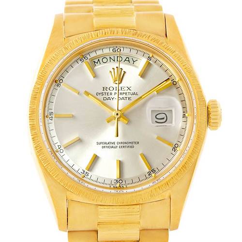 This image shows a front view of the Rolex President 1807 Men's Yellow Gold Silver Dial 1807 Men's Yellow Gold Silver Dial model watch, highlighting the dial, day-date windows, and part of the bracelet.