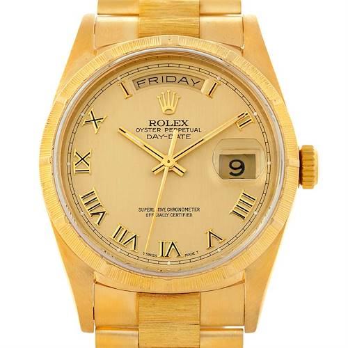 The image shows a front close-up view of the Rolex President 18248 Men's Yellow Gold Champagne Dial 18248 Men's Yellow Gold Champagne Dial Oyster Perpetual Day-Date watch, highlighting the dial, hands, and bracelet.