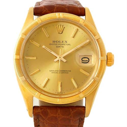 This image shows a frontal view of the Rolex President 1501 Men's Yellow Gold Champagne Dial 1501 Men's Yellow Gold Champagne Dial model watch, highlighting its dial, bezel, and crown with a leather strap.
