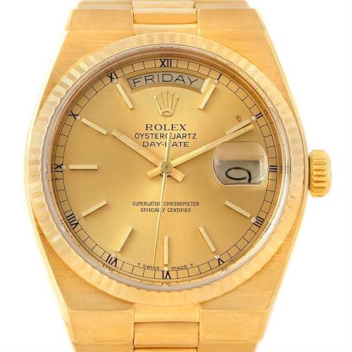 This image shows a Rolex President 19000 Men's Yellow Gold Champagne Dial 19000 Men's Yellow Gold Champagne Dial Oysterquartz Day-Date watch from a front angle, showcasing the dial, bezel, and bracelet.
