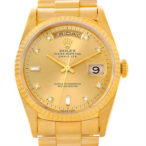 The image shows a front view of a Rolex President 18238 Men's Yellow Gold Champagne Dial 18238 Men's Yellow Gold Champagne Dial model, highlighting its gold case, dial, and bracelet.