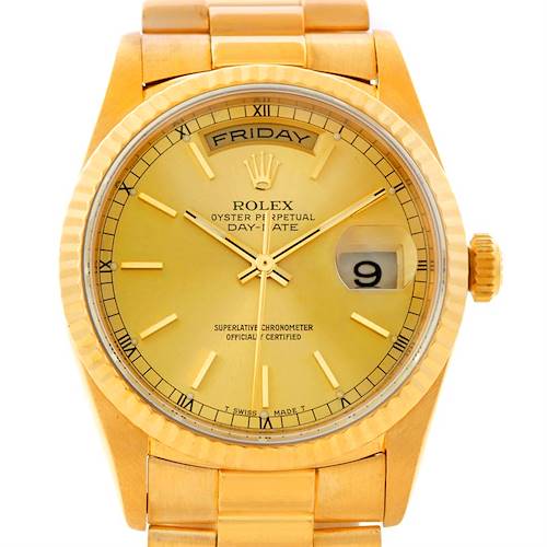 The image shows a frontal view of a Rolex President 18238 Men's Yellow Gold Champagne Dial 18238 Men's Yellow Gold Champagne Dial model watch, highlighting the dial, day-date display, and bracelet.