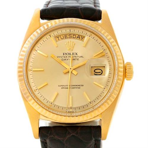 The Rolex President 1803 Men's Yellow Gold Champagne Dial 1803 Men's Yellow Gold Champagne Dial model watch is shown from the front, displaying its face, bezel, crown, and part of the leather strap.