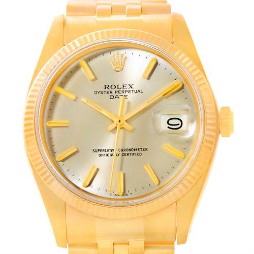 The image shows a frontal view of the Rolex President 1503 Men's Yellow Gold Silver Dial 1503 Men's Yellow Gold Silver Dial Oyster Perpetual Date watch, highlighting the dial, hands, date, and crown.