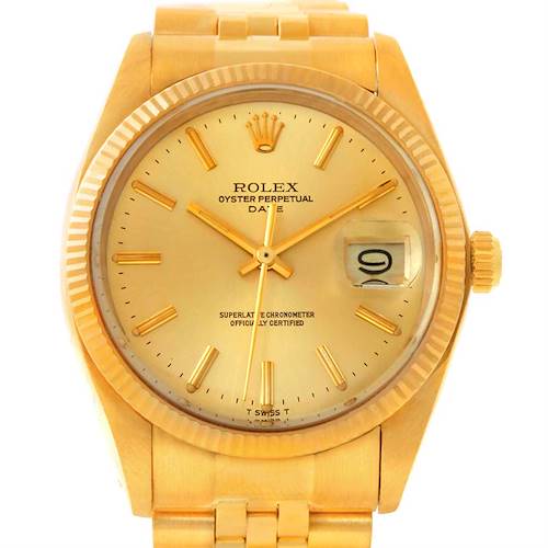 The image shows a full frontal view of a Rolex President 1503 Men's Yellow Gold Champagne Dial 1503 Men's Yellow Gold Champagne Dial model watch highlighting its face, hands, date window, and part of the bracelet.