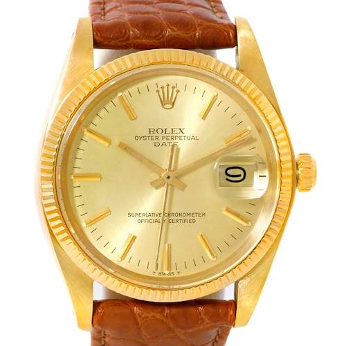 The image shows a Rolex President 1503 Men's Yellow Gold Champagne Dial 1503 Men's Yellow Gold Champagne Dial model watch from a front angle, highlighting the dial, bezel, hands, crown, and leather strap.