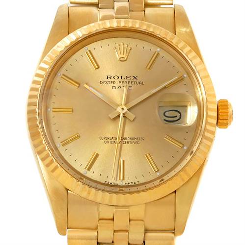 This image shows a Rolex President 15037 Men's Yellow Gold Champagne Dial 15037 Men's Yellow Gold Champagne Dial model watch, highlighting its gold dial, fluted bezel, hands, date display, and bracelet.