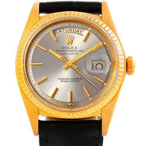 This is a front view of the Rolex President 1803 Men's Yellow Gold Grey Dial 1803 Men's Yellow Gold Grey Dial model watch, showcasing the dial, day-date display, and bezel.