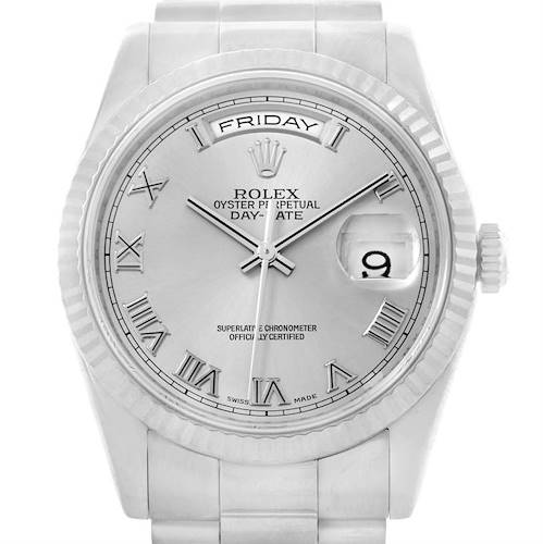 The image shows a front view of the Rolex President 118239 Men's White Gold Grey Dial 118239 Men's White Gold Grey Dial model watch, highlighting its silver dial, Roman numerals, and day-date features.