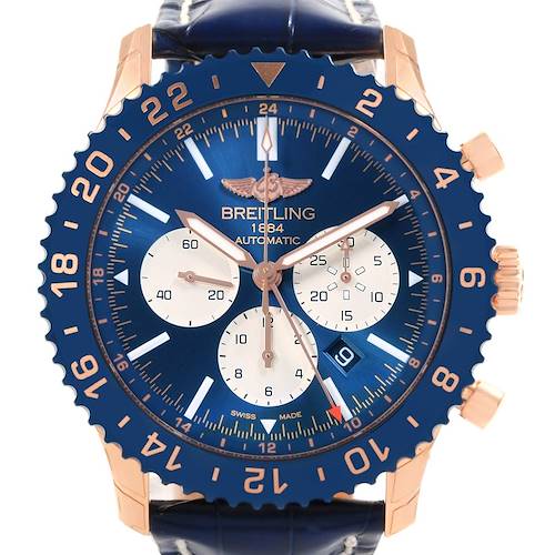 The image shows a front view of the Breitling Chronoliner RB046116 Men's Rose Gold Blue Dial RB046116 Men's Rose Gold Blue Dial watch, highlighting its blue dial, bezel, and rose gold accents.