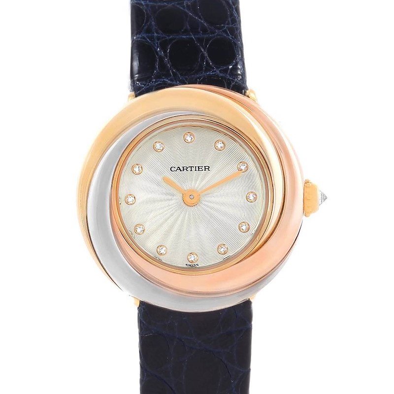 The image shows a front view of the Cartier Trinity W200246 Women's Yellow Gold Beige Dial W200246 Women's Yellow Gold Beige Dial model watch, featuring a tri-colored bezel, diamond hour markers, and a leather strap.