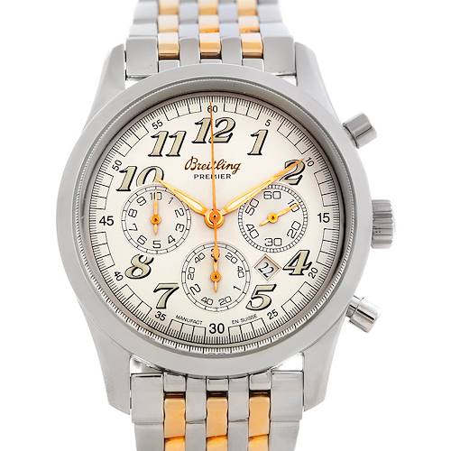 The image shows a front view of a Breitling Premier A42035 Men's Stainless Steel Silver Dial A42035 Men's Stainless Steel Silver Dial model watch, highlighting the dial, subdials, case, and part of the bracelet.