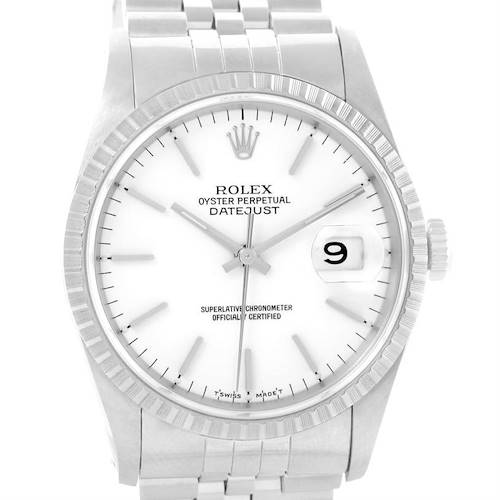 This is a front angle view of a Rolex Datejust 16220 Men's Stainless Steel White Dial 16220 Men's Stainless Steel White Dial watch, showcasing the dial, bezel, and part of the bracelet.