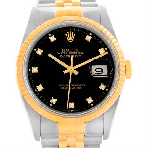 This image shows a frontal view of a Rolex Datejust 16233 Men's Steel and Gold (two tone) Black Dial 16233 Men's Steel and Gold (two tone) Black Dial watch, featuring its dial, bezel, and part of the bracelet.