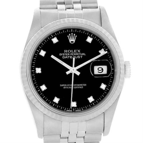 The image shows a front view of the Rolex Datejust 16234 Men's Stainless Steel Black Dial 16234 Men's Stainless Steel Black Dial watch, featuring its face, bezel, case, and part of the metal band.