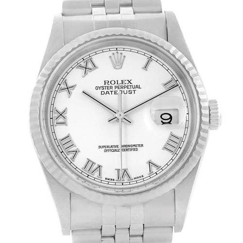 This image shows a front view of a Rolex Datejust 16234 Men's Stainless Steel White Dial 16234 Men's Stainless Steel White Dial watch, focusing on the dial, bezel, and part of the bracelet.