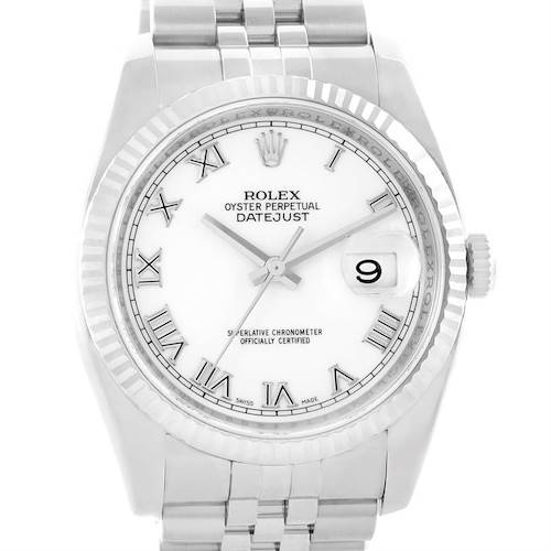 This image shows a front view of a Rolex Datejust 116234 Men's Stainless Steel White Dial 116234 Men's Stainless Steel White Dial watch, highlighting its dial, hands, and bracelet.