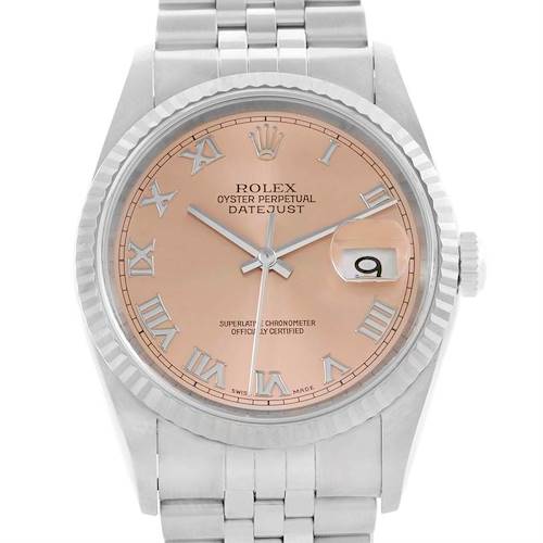 This image shows a Rolex Datejust 16234 Men's Stainless Steel Pink Dial 16234 Men's Stainless Steel Pink Dial watch with a silver bracelet, rose-gold dial, and Roman numeral hour markers from a frontal angle.