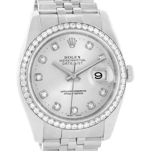 This image shows a front view of a Rolex Datejust 116244 Men's Stainless Steel Silver Dial 116244 Men's Stainless Steel Silver Dial watch, highlighting its bezel, dial, hands, and date window.